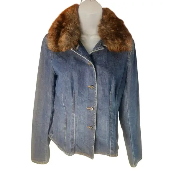 Ralph Lauren Denim Jacket Sz Sm Y2K Faux Fur Stitching Button Up - Picture 1 of 6